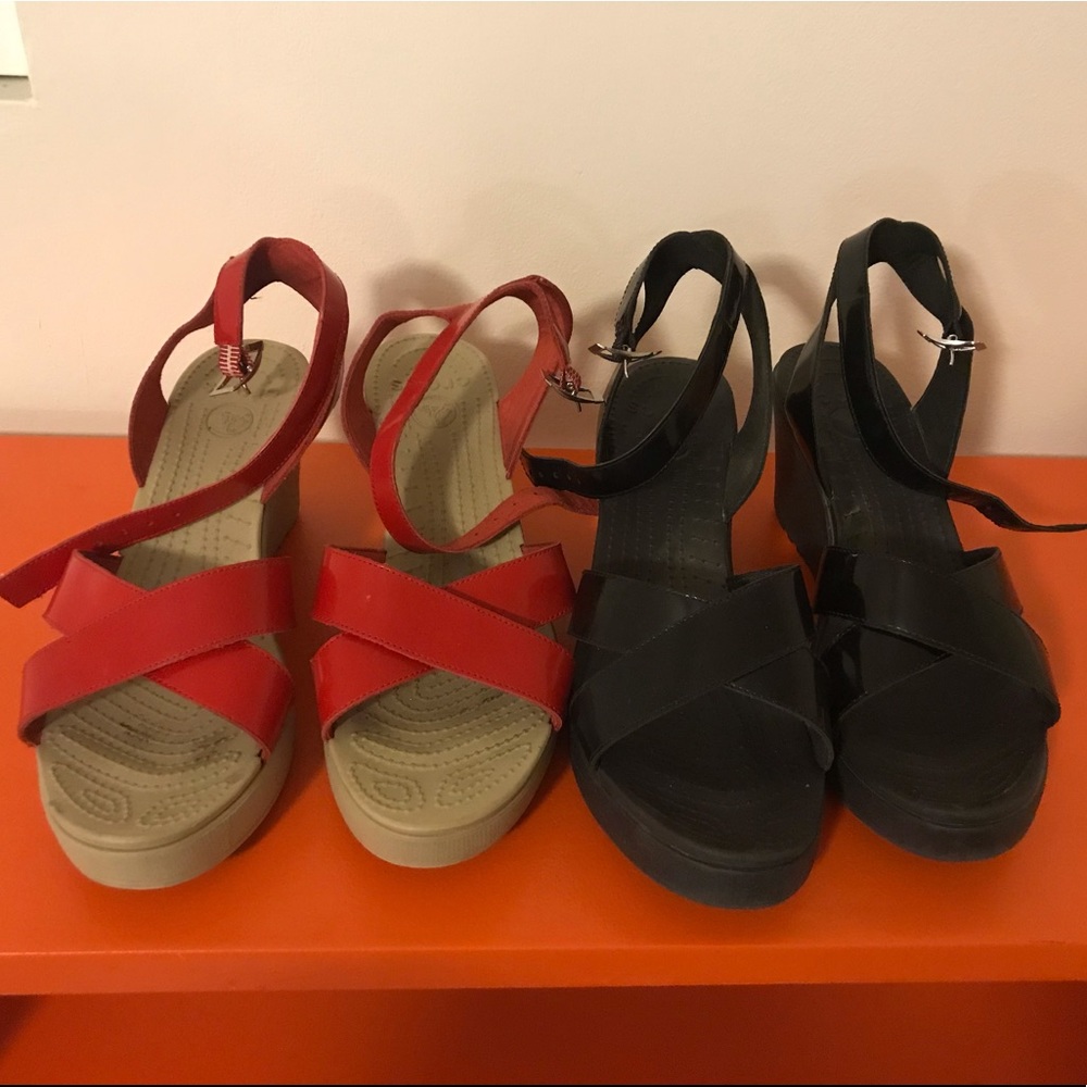 2 pairs of rios wedge CROCS red & black size 10